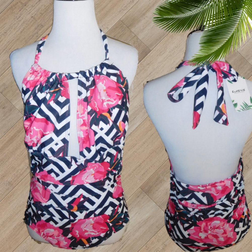BLACK & WHITE GEOMETRIC /FLORAL HALTER ONE PIECE SWIMSUIT
